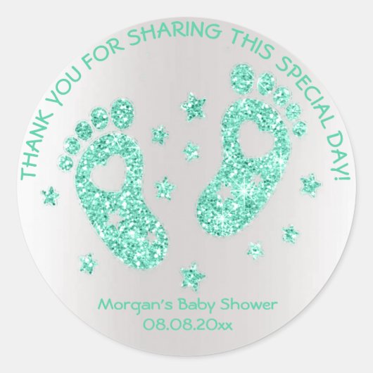 ミントグリーングリッター足ベビーシャワー感謝してい賛成 ラウンドシール (正面)