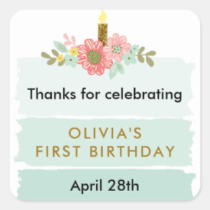 ミントグリーンケグラデーションーキ誕生日メッセージカード スクエアシール