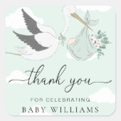 ミントグリーンコウノトリ赤ちゃんシャワー スクエアシール (正面)