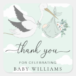 ミントグリーンコウノトリ赤ちゃんシャワー スクエアシール