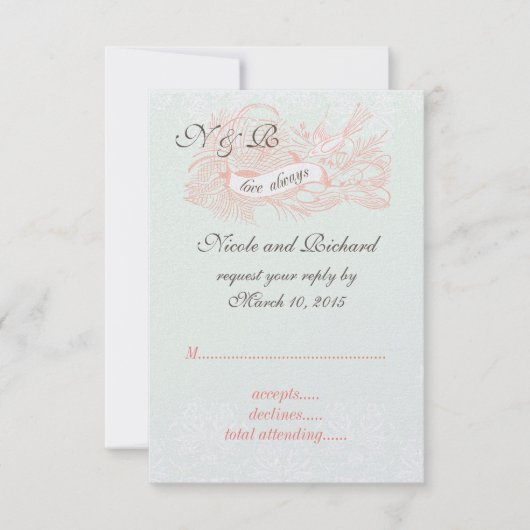 ミントグリーンコーラルピンクビンテージウェディングRSVP 出欠カード (正面)