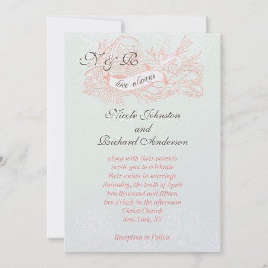 ミントグリーンコーラルピンクヴィンテージウエディング招待状 招待状 (正面)