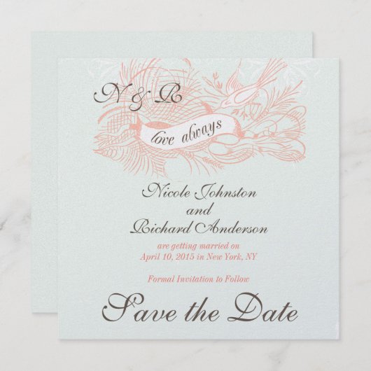 ミントグリーンコーラルピンクヴィンテージ保存日 セーブザデート (正面/裏面)