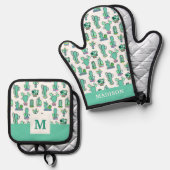 ミントグリーンサボテンと多肉植物パターン 鍋つかみ&鍋敷きセット (正面/裏面)