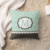 ミントグリーンシェブロンブラウンパターンカスタムモノグラム クッション (ブランケット)