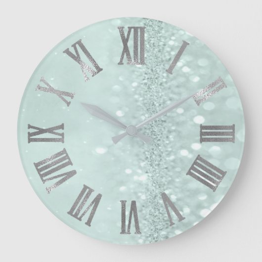 ミントグリーンシルバーグリッターグレーローマンナンバ ラージ壁時計 (正面)