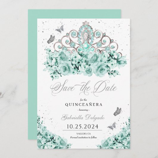 ミントグリーンシルバーティアラ日付を保存キンセアニラ 招待状 (正面/裏面)