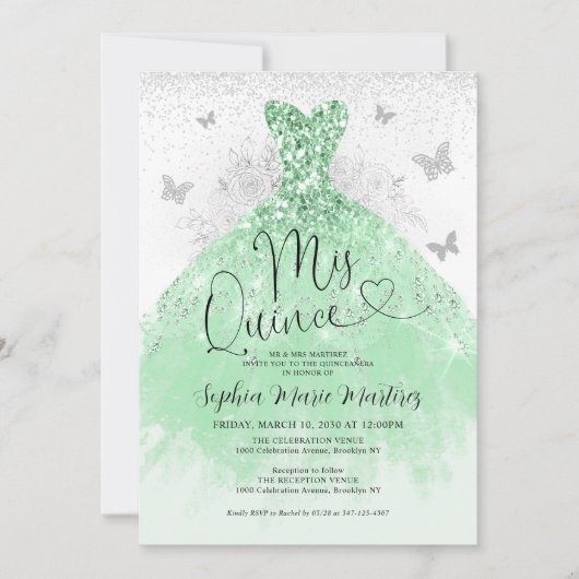 ミントグリーンシルバードレスミスカインスキンセアニラ 招待状 (正面)