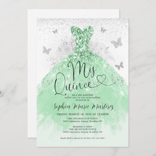 ミントグリーンシルバードレスミスカインスキンセアニラ 招待状 (正面/裏面)