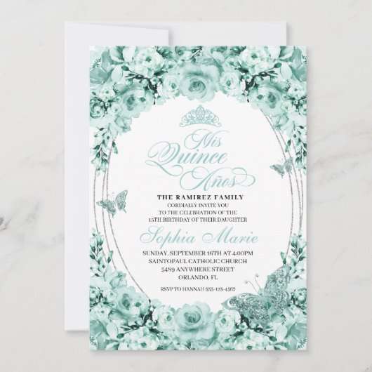 ミントグリーンシルバーフローラティアラキンセアニェラ 招待状 (正面)