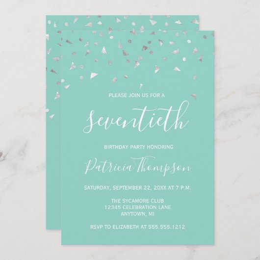 ミントグリーンシルバー紙吹雪70thバースデーパーティー 招待状 (正面/裏面)