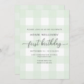 ミントグリーンジンガムファースト誕生日招待状 招待状 (正面/裏面)