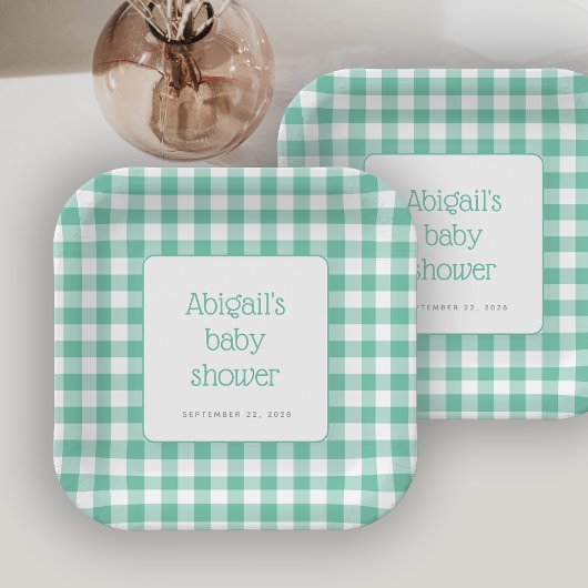ミントグリーンジンガム素朴チェック赤ちゃんシャワー ペーパープレート