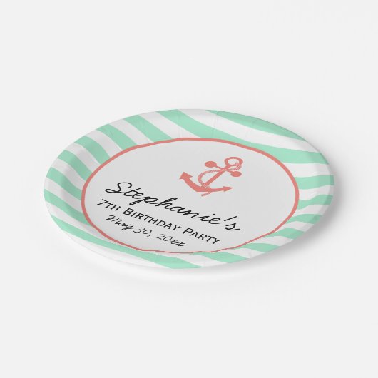 ミントグリーンストライプいかりとコーラルピンク誕生日 ペーパープレート (アングル)