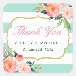 ミントグリーンストライプフローラ水彩お礼 スクエアシール