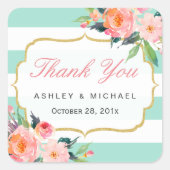 ミントグリーンストライプフローラ水彩お礼 スクエアシール (正面)