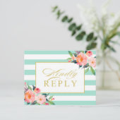 ミントグリーンストライプフローラ金ゴールド結婚式RSVP インビテーションポストカード (スタンド正面)