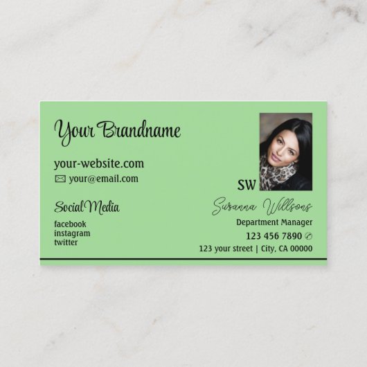 ミントグリーンストライプブラックのモノグラムと写真 名刺 (裏面)