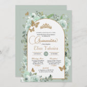ミントグリーンセージフローラ金ゴールドバタフライキンセアニラ 招待状 (正面/裏面)