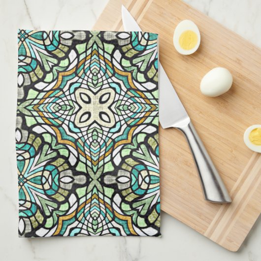 ミントグリーンターコイズお尻ボヘミアンバリアートモチーフ キッチンタオル (四つ折り)