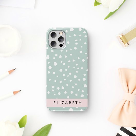ミントグリーンダルメシアン ドット 斑点 お名前 iPhone 16ケース