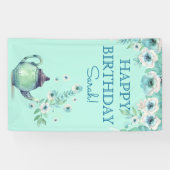 ミントグリーンティーポットウォーターカラーフラワーズアクアティール（緑がかった色） 横断幕 (横)