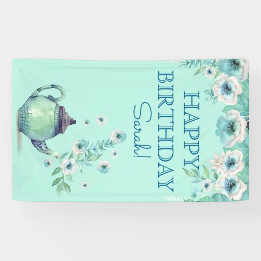 ミントグリーンティーポットウォーターカラーフラワーズアクアティール（緑がかった色） 横断幕 (横)