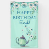 ミントグリーンティーポットウォーターカラーフラワーズアクアティール（緑がかった色） 横断幕 (縦)