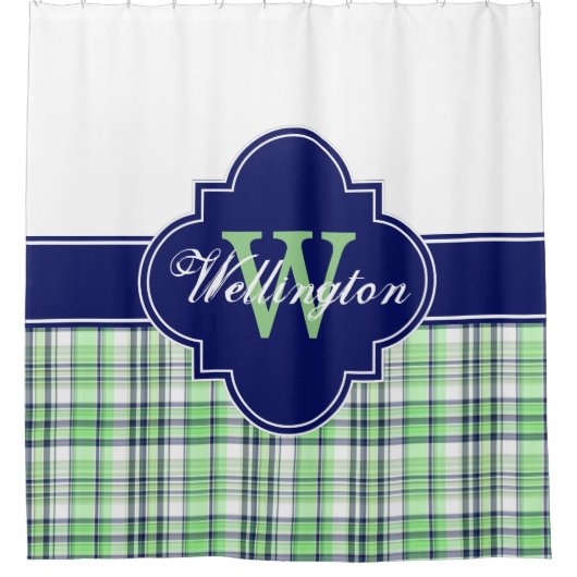 ミントグリーンネイビーブルーマドラスプレイド1ICBリボン名 シャワーカーテン (正面)