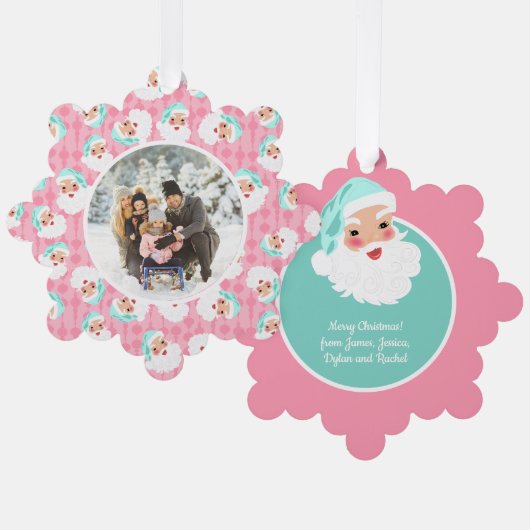 ミントグリーンハットヴィンテージクリスマスのサンタクロース オーナメントカード (正面/裏面)