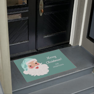 ミントグリーンハットヴィンテージクリスマスのサンタクロース ドアマット
