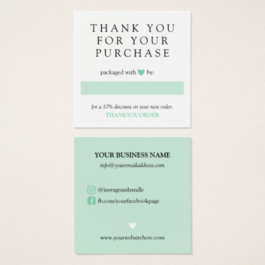 ミントグリーンハートご注文ソーシャルメディアありがとうございます (正面&裏面)