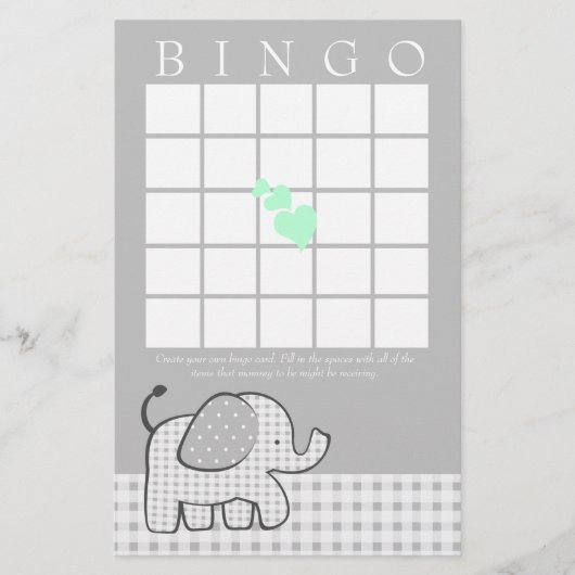 ミントグリーンハート付きゾウGingham Bingo Card (正面)