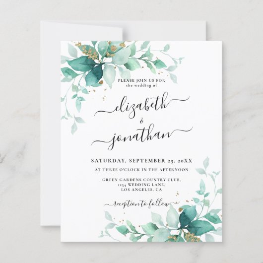 ミントグリーンバジェット金ゴールドグリーン結婚式招待状 (正面)