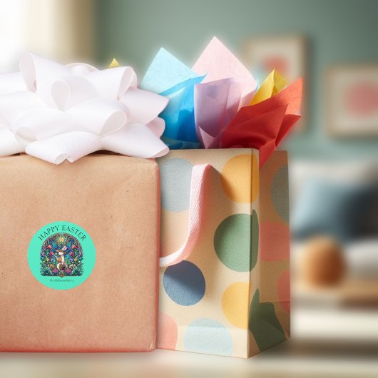 ミントグリーンバニーガーデナーステンドグラスイースター ラウンドシール