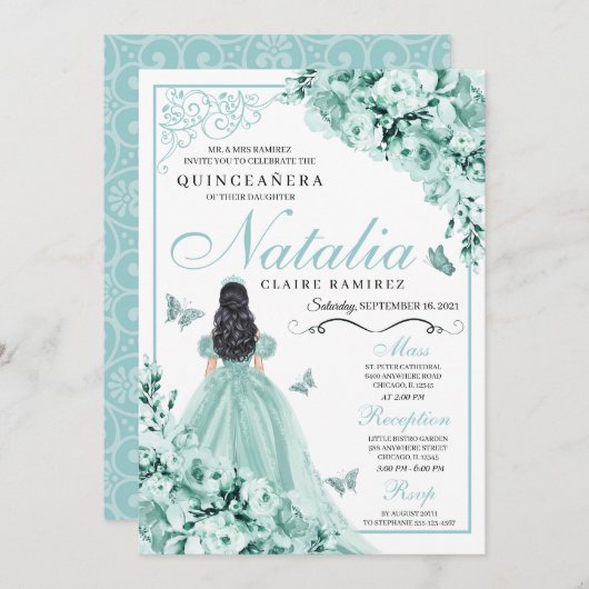 ミントグリーンバラプリンセスドレスキンセアニェラ 招待状 (正面/裏面)