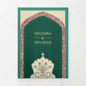 ミントグリーンバラ金ゴールドグリッター結婚インディアン 三つ折り招待状 (カバー)