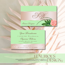 ミントグリーンバラ金ゴールドデコールフラワーウィズモノグラム 名刺