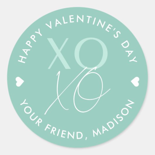ミントグリーンパーソナライズされたXOXOバレンタインデー ラウンドシール (正面)