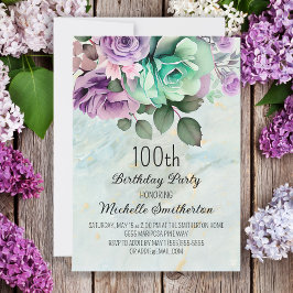 ミントグリーンパープルの花と蝶の誕生日 招待状