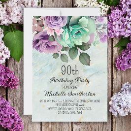ミントグリーンパープルの花と蝶の90歳の誕生日 招待状