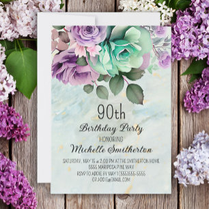 ミントグリーンパープルの花と蝶の90歳の誕生日 招待状