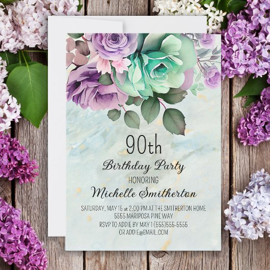 ミントグリーンパープルの花と蝶の90歳の誕生日 招待状