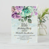 ミントグリーンパープルフローラバタフライ80誕生日 招待状 (スタンド正面)