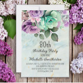 ミントグリーンパープルフローラバタフライ80誕生日 招待状