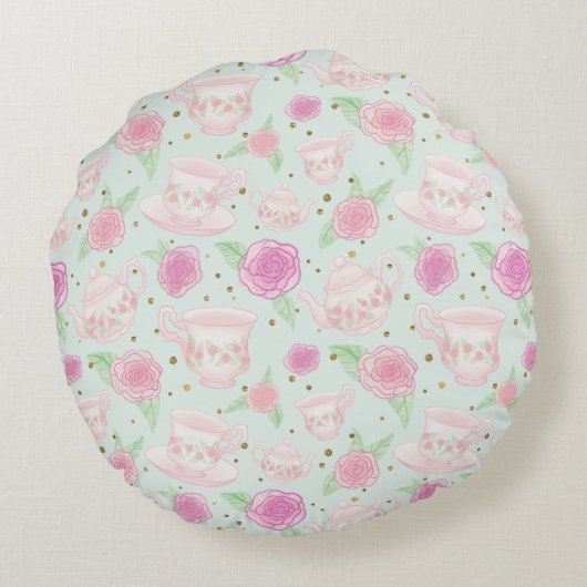 ミントグリーンピンクティーカップモノグラパーソナライズされたム ラウンドクッション (裏面)