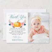 ミントグリーンピンクフローラカボチャ秋誕生日写真 サンキューカード (正面)