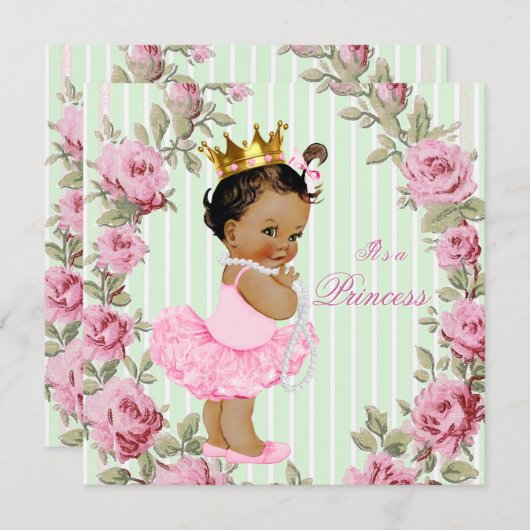 ミントグリーンピンクローズエスニックバレリーナベビーシャワー 招待状 (正面/裏面)