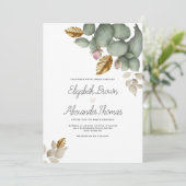 ミントグリーンピンク金ゴールドの葉のフローラ結婚の 招待状 (スタンド正面)