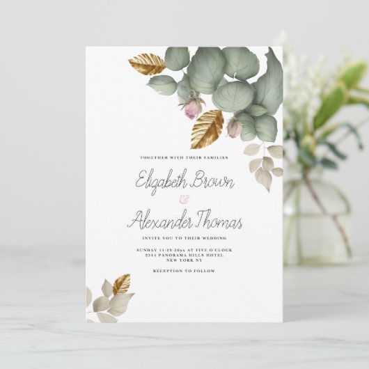 ミントグリーンピンク金ゴールドの葉のフローラ結婚の 招待状 (スタンド正面)